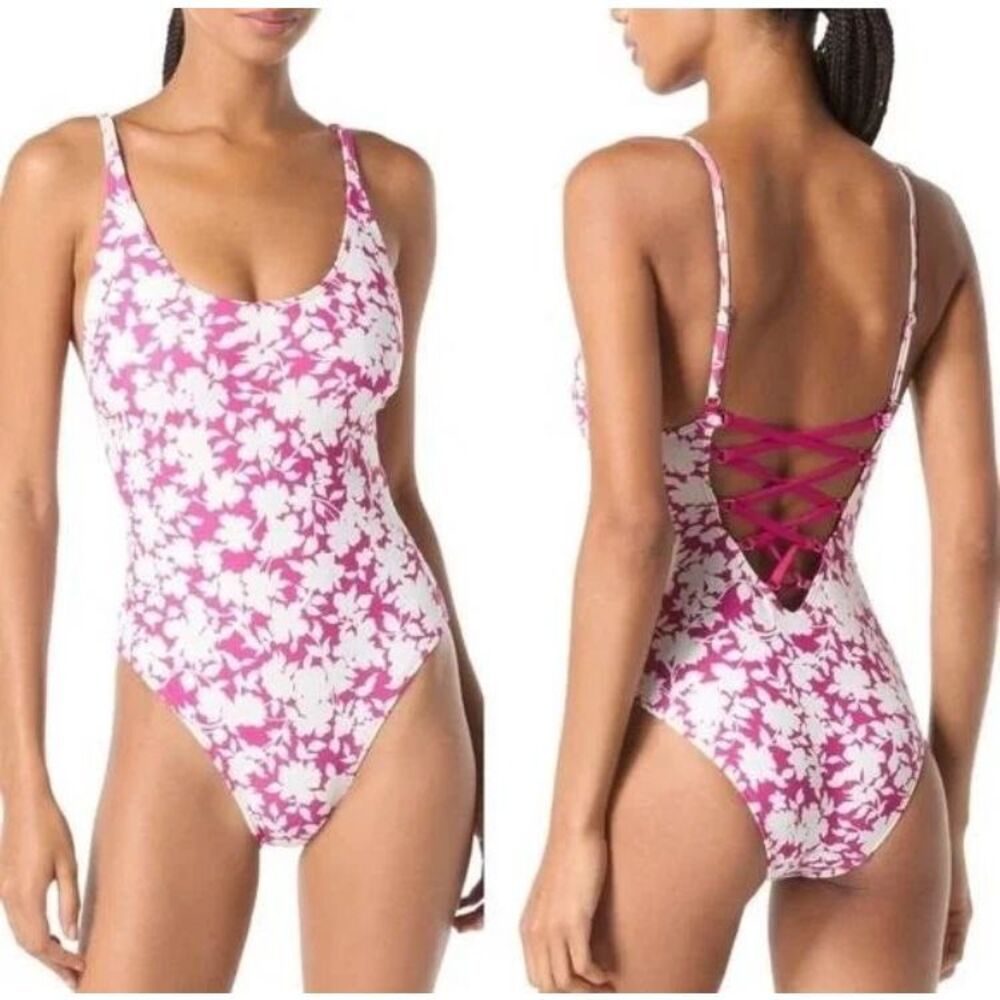 Michael Kors One Piece Swimsuit Women Size 16 Blue & White Floral Lace Up Back N - Picture 3 of 13